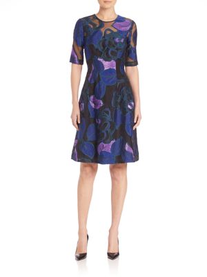 Lela Rose Holly Leaf Half-sleeve Dress, Lapis/multi, Lapis Multi | ModeSens