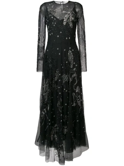 Amen Long Embroidered Gown In Black