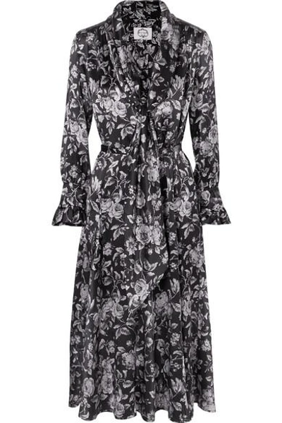 Evi Grintela Jacqueline Pussy-bow Floral-print Silk-satin Dress In Black