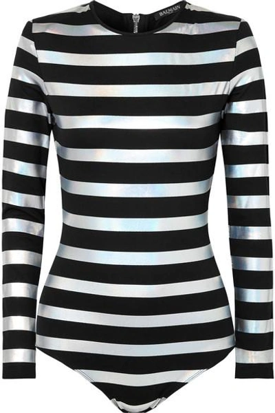 Balmain Striped Iridescent Cotton-jersey Bodysuit In Black