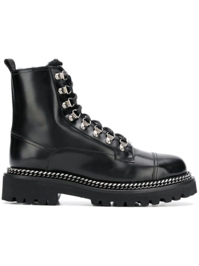 Balmain Chain-embellished Shearling-lined Leather Ankle Boots In Black