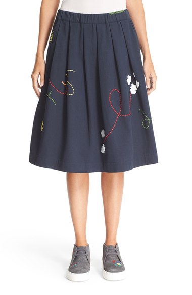 Mira Mikati Pleated Embroidered Cotton-twill Skirt In Navy | ModeSens