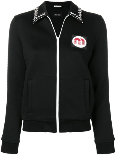 Miu Miu Crystal Embellished Logo Patch Jacket - Black