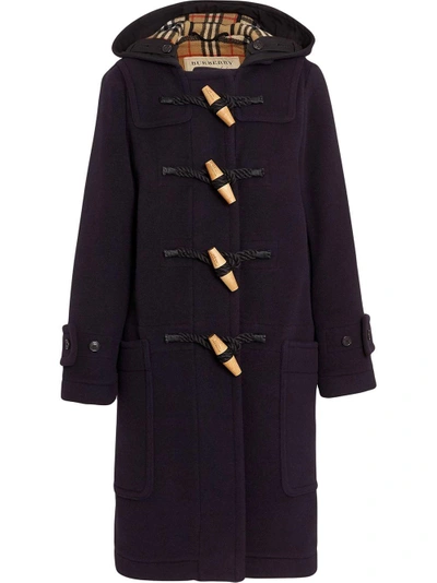 Burberry Vintage Check Detail Wool Blend Duffle Coat In Navy