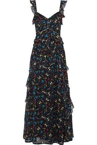 Love Sam Woman Blossom Ruffled Floral-print Chiffon Maxi Dress Black