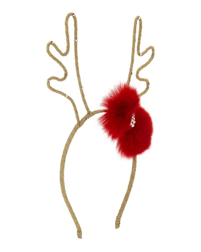 Bari Lynn Girls' Glittered Reindeer Antlers Headband W/ Fur Bow In Red/gold