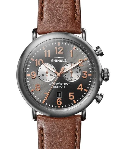 Shinola Men's 47mm Runwell Titanium Chronograph Watch With Brown Leather Strap In Dark Cognac/ Gunmetal/ Grey