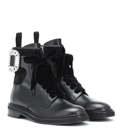 Roger Vivier Viv Rangers Crystal-embellished Paneled Leather And Suede Ankle Boots In Black