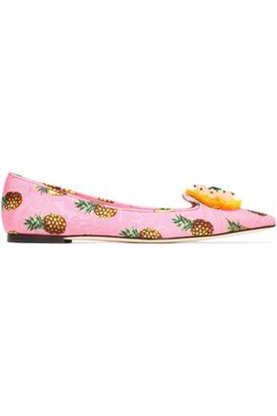 Dolce & Gabbana Bellucci Embellished Printed Jacquard Point-toe Flats In Baby Pink