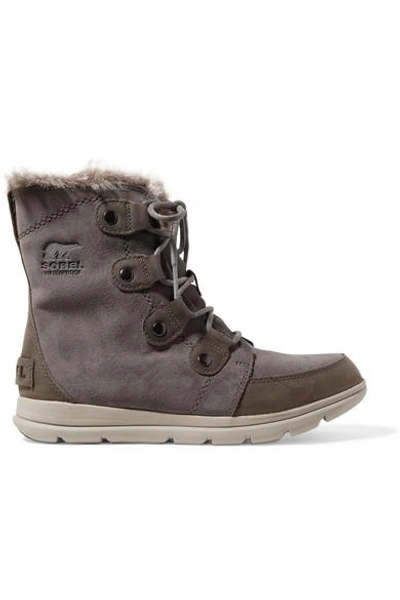 Sorel Explorer Joan Faux Fur-trimmed Waterproof Suede And Leather Ankle Boots In Gray