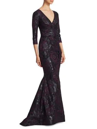 Theia 3/4-sleeve Super-stretch Jacquard Mermaid Dress In Black Burgundy