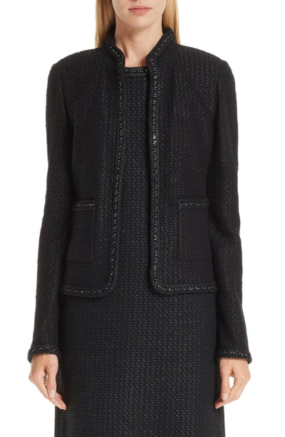 St John Adina Knit Blazer Jacket With Chain Braid Trim In Caviar