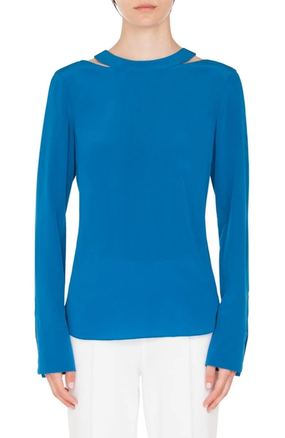 Akris Punto Long-sleeve Collarbone-cutout Silk Top In Azzurro