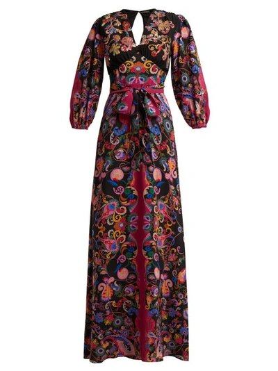 Etro 3/4-sleeve Floral Paisley V-neck Gown In Black