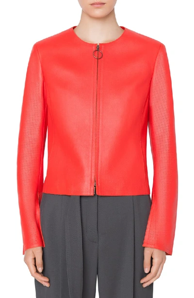 Akris Punto Round-neck Zip-front Perforated Napa Leather Jacket In Rosso Forte