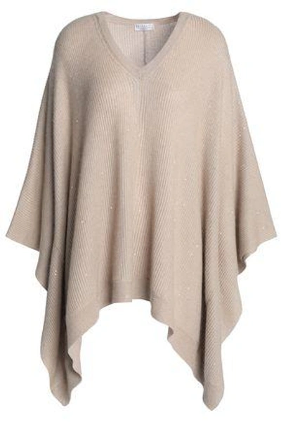Brunello Cucinelli Woman Sequin-embellished Ribbed-knit Poncho Neutral