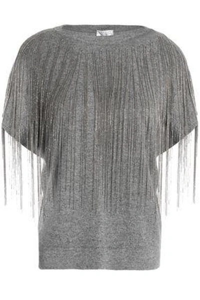 Brunello Cucinelli Woman Fringed Bead-embellished Mélange Cashmere Top Gray