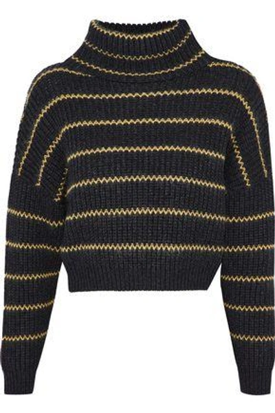Brunello Cucinelli Woman Bead-embellished Striped Cashmere Turtleneck Sweater Black