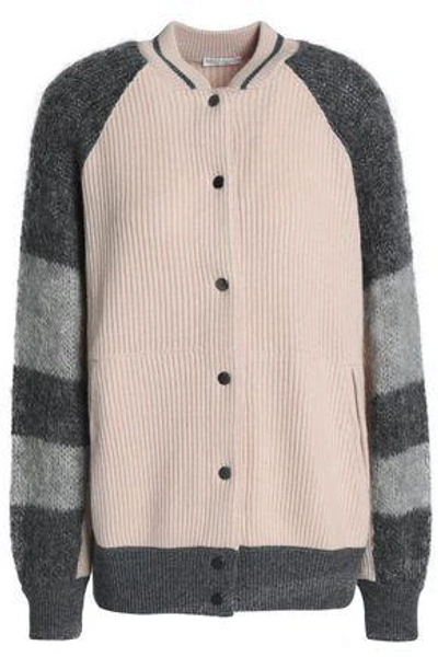 Brunello Cucinelli Woman Color-block Mohair-blend And Ribbed Cashmere Cardigan Baby Pink