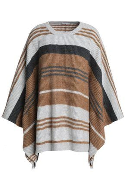 Brunello Cucinelli Woman Striped Ribbed Wool, Cashmere And Silk-blend Poncho Light Brown