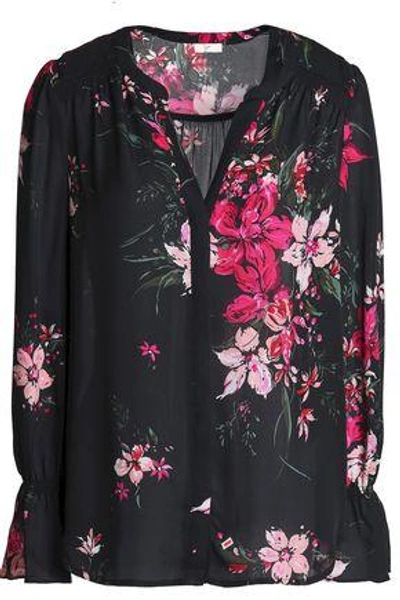 Joie Keno Floral-print Washed-silk Top In Black