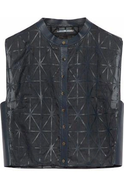 Giorgio Armani Woman Cropped Leather-trimmed Silk-organza Vest Midnight Blue