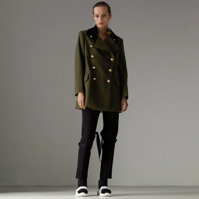 Burberry Velvet Collar Wool Military Coat In Olive | ModeSens