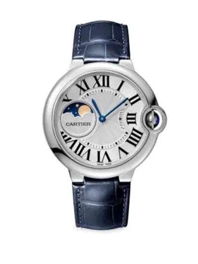 Cartier Ballon Bleu De  Moon Phase Stainless Steel & Blue Alligator-strap Watch In Silver