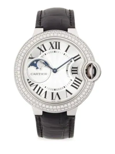 Cartier Ballon Bleu De  Diamond, 18k White Gold & Leather Strap Watch In Black