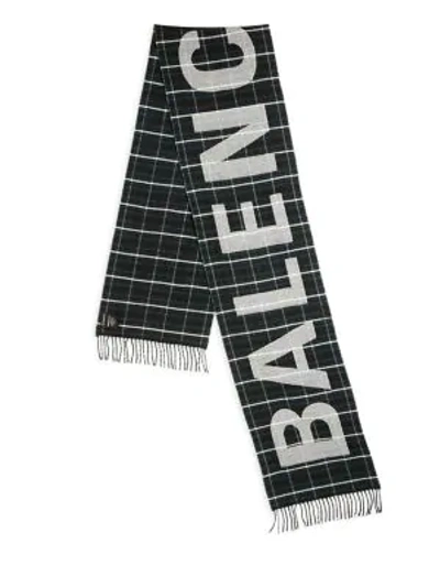 Balenciaga Logo Wool Tartan Scarf In Black