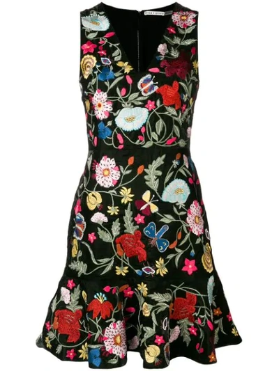 Alice And Olivia Peyton Floral-embroidered Velvet Dress In Black