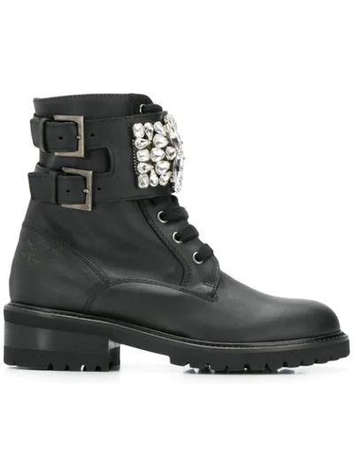 Via Roma 15 Crystal Embellished Lace-up Boots - Black