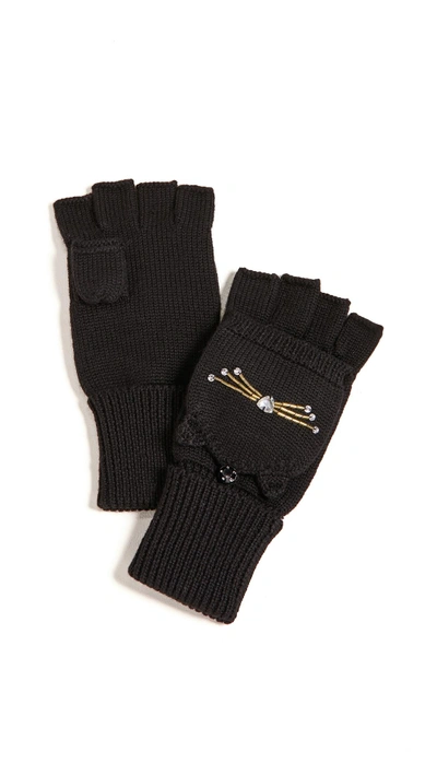 Kate Spade Embellished Cat Pop Top Mittens In Black