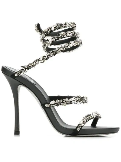 René Caovilla Embellished Wraparound Sandals In Black