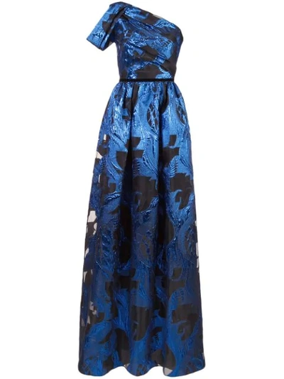 Marchesa Notte One Shoulder Metallic Fils Coupe Gown In Blue