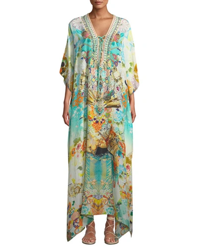 Camilla Printed Embellished Lace-up Coverup Kaftan In Multi