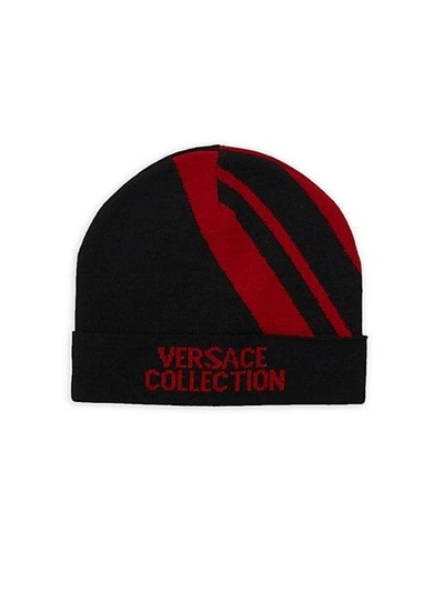 Versace Logo Knit Beanie In Black Red