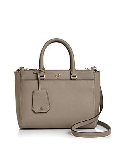 Tory Burch Robinson Small Double Zip Leather Tote In Gray Heron/gold