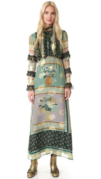 Anna Sui Patchwork Bouquet Maxi Dress In Jade Multi | ModeSens