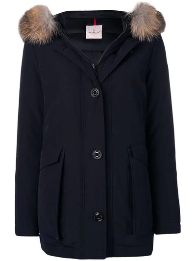 Moncler Fox Fur Hooded Coat In Blue