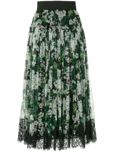 Dolce & Gabbana White Geranium Printed Pleated Skirt In Green