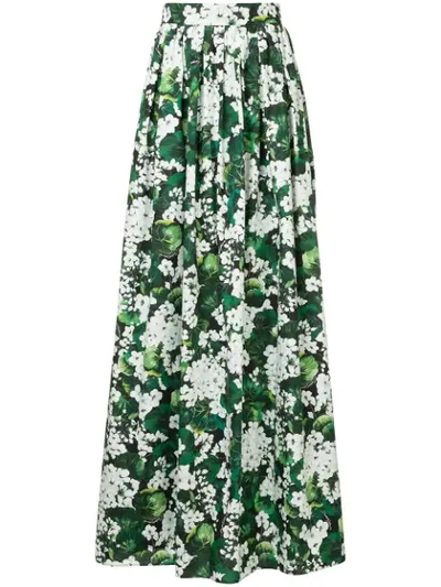Dolce & Gabbana White Geranium Printed Maxi Skirt In Green