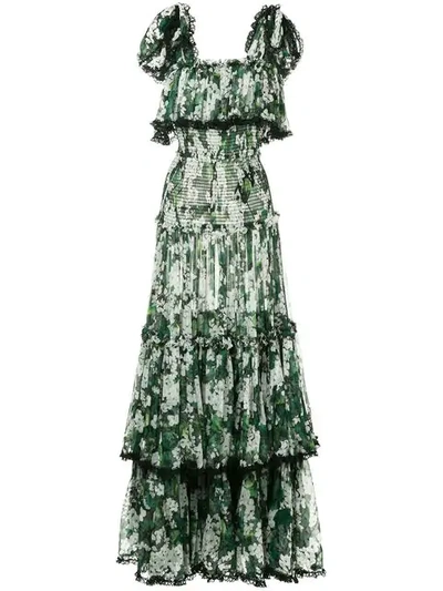 Dolce & Gabbana White Geranium Printed Long Tiered Dress In Green
