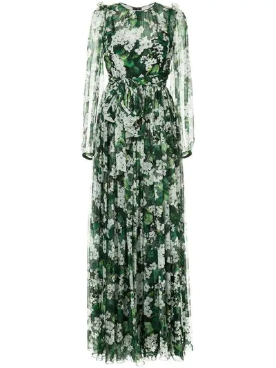 Dolce & Gabbana White Geranium Printed Maxi Dress In Green