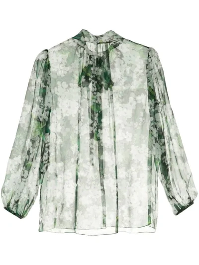 Dolce & Gabbana White Geranium Printed Pussybow Blouse In Green