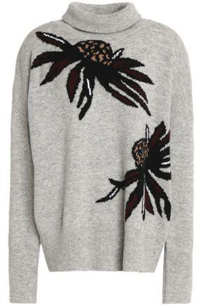 Markus Lupfer Woman Intarsia Merino Wool Turtleneck Sweater Gray