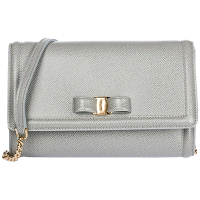 Ferragamo Women's Leather Clutch With Shoulder Strap Handbag Bag Purse  Fiocco Vara In Grey