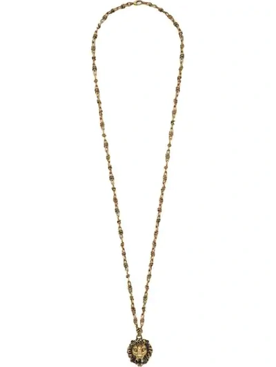 Gucci Lion Head Necklace With Pearl In Metallic