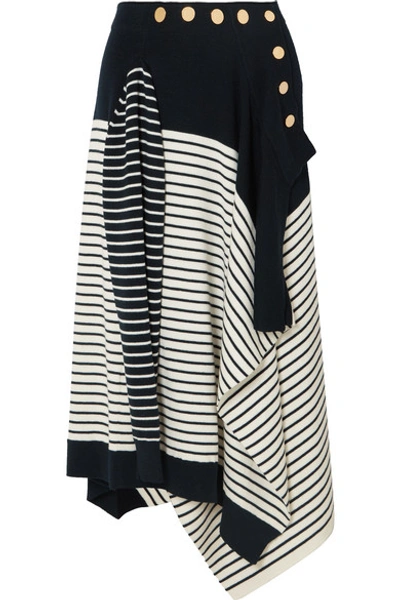 Jw Anderson Marinière Asymmetric Wool-blend Midi Skirt In Navy