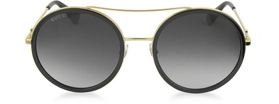 Gucci Designer Sunglasses Gg0061s Acetate And Gold Metal Round Aviator Women's Sunglasses In Noir/gris Fumée